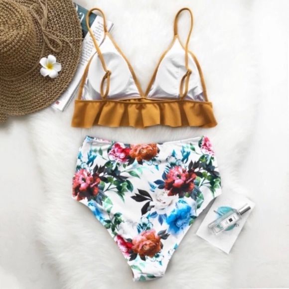 Cupshe Mustard Floral Print High Waist Bikini NWT - Picture 10 of 11
